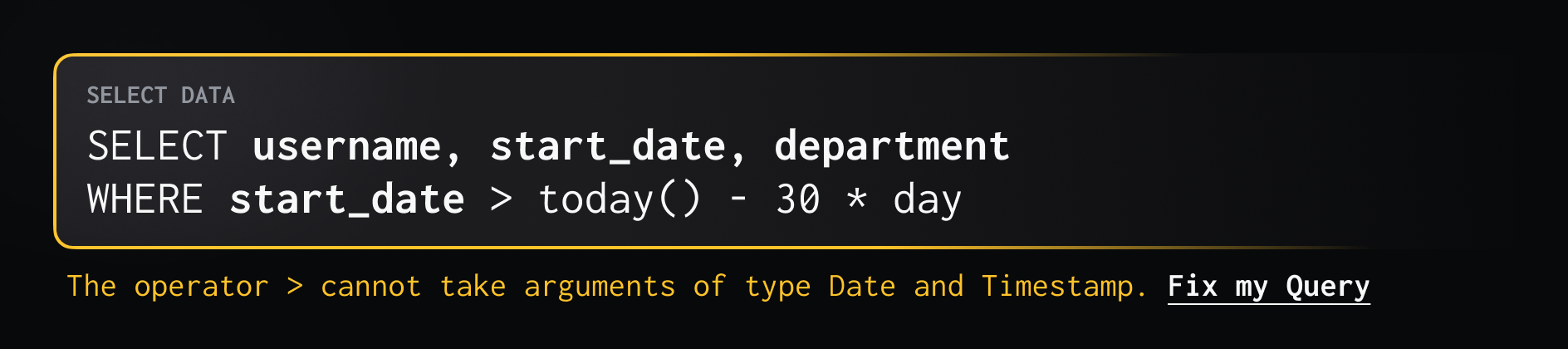 The JSQL input showing an error message, and an LLM powered fix button