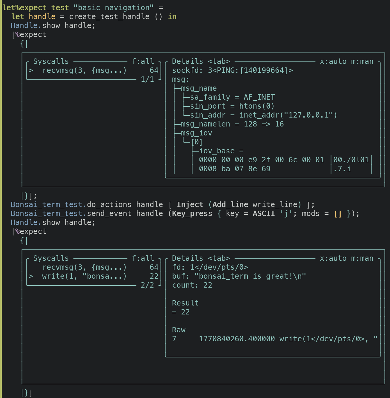 Bonsai_term screenshot tests showing expect output rendered as the UI itself