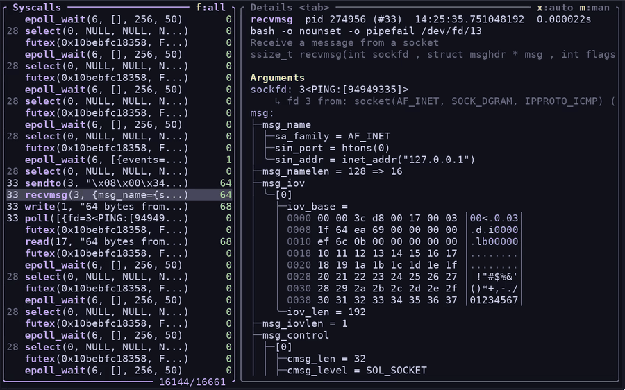 a short screencast of strace-ui tracing a simple program